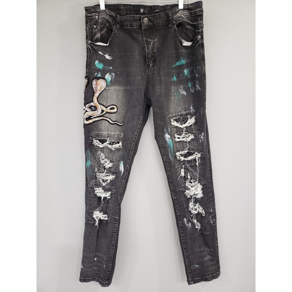 Distressed Mens Skinny Fit Jeans Cobra Paint Splattered‎ Size 40 street wear